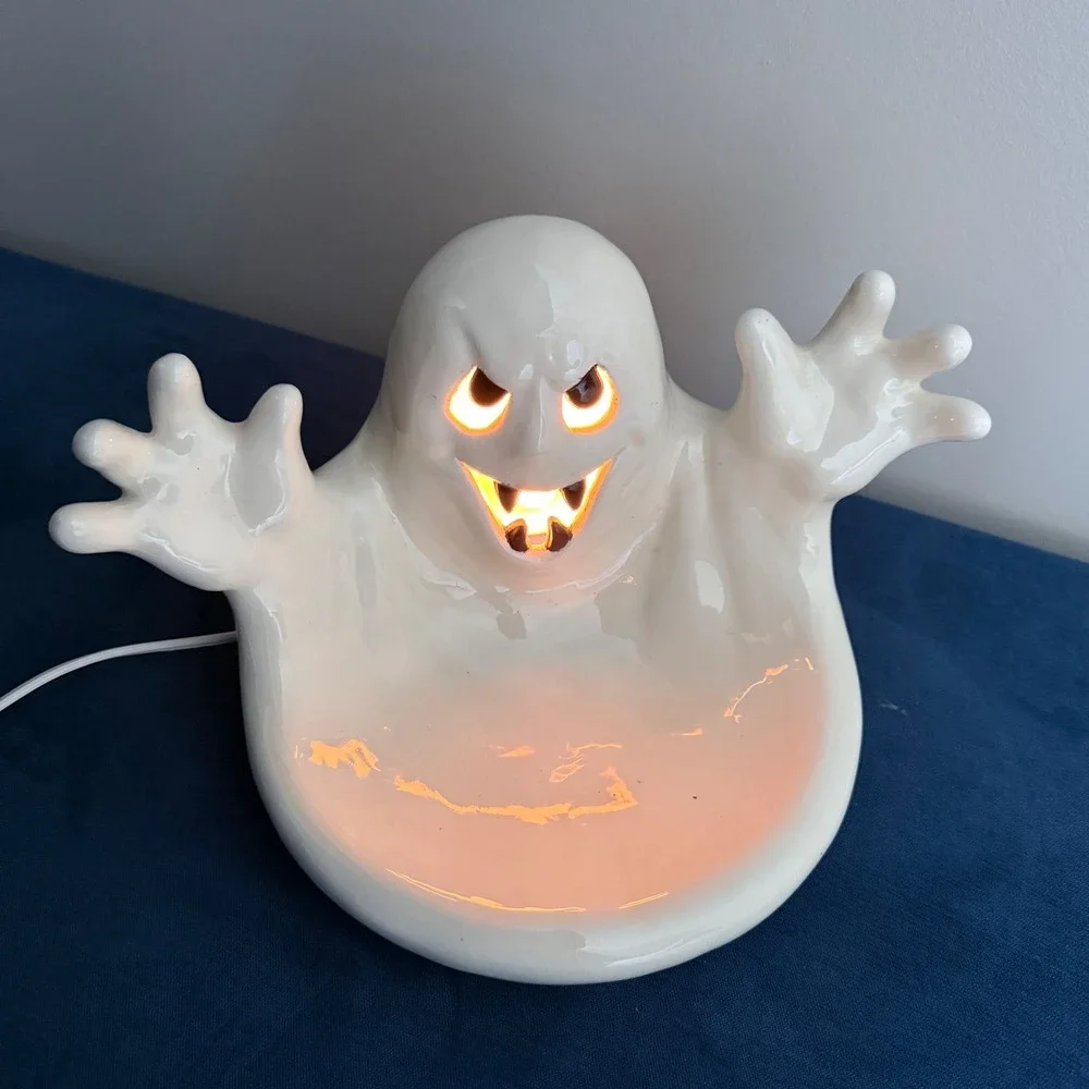Vintage 90s Halloween Ghost Candy Bowl Light Up  Ceramic White Spooky Boo Decor